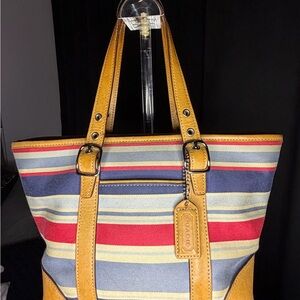 Coach Multicolor Striped Tote with Tan Accents